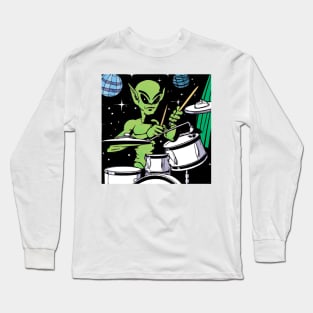Alien drummer rock star space jam Long Sleeve T-Shirt